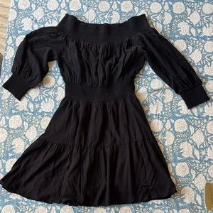 Off-Shoulder Black Smocked Mini Dress